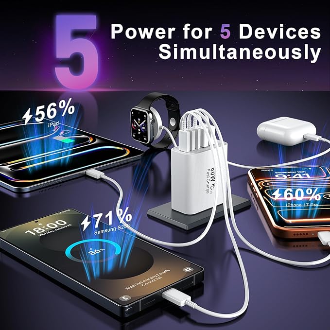 USB C Charger Block, 60W 5 Ports Type C Fast Charging Blocks 3 USB-C+2 USB-A Multi Port USBC Wall Plug Power Brick Phone Charge Cube Box for iPhone 16/15/14/13/12/11 Pro Max, Pad, Galaxy, Pixel, 2Pack