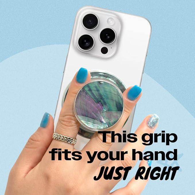 On The Grip Magnetic Phone Grip for MagSafe, Genuine Natural Crystal & Seashell Stone, Swappable Top, Strong Magnet Holder & Kickstand for iPhone 15 14 13 12 Pro Max Plus & MagSafe Cases (Blue Green)