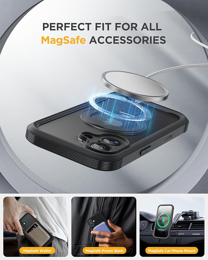 Miracase for iPhone 16 Case with 360° Magnetic Ring Stand [Compatible with Magsafe] Full-Body Drop Proof Bumper Phone Case with Built-in 9H Tempered Glass Screen Protector,Black