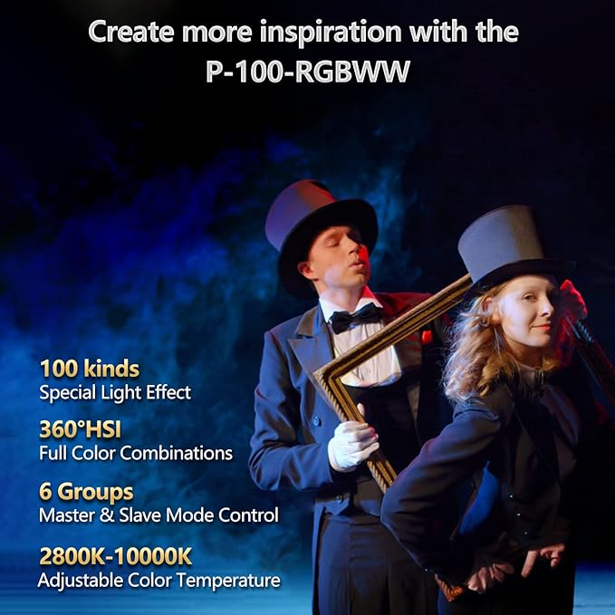 Sutefoto 100(W) RGB Video Light 2800K-10000K,P100-RGB 360° Full Color Continuous Lighting, 43700 Lux /0.5m, CRI 96+, TLCI 95+ with APP Control/Remote Control. Studio Light for Film Recording
