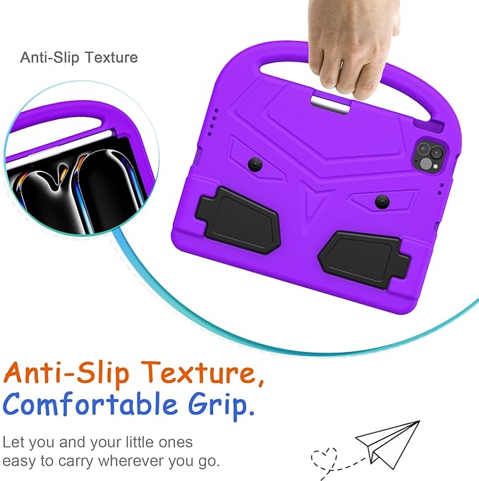 Kids Case for iPad Pro 11" M5 2025/M4 2024 & iPad Air 11" M3 2025/M2 2024, Techcircle Child Shock Proof EVA Protective [Support Pencil Charging] Handle Stand Cover, Purple