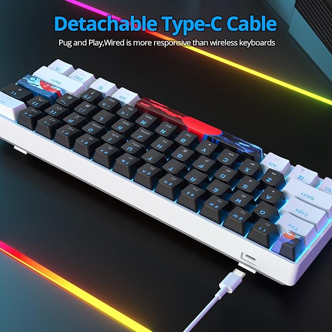 Protable 60% Percent Gaming Keyboard Mechanical, Mini Compact Ice-Blue LED Backlit 61 Keys Wired Office Keyboard with Red Switch for Mac/Win/PS4/PS5(61Black/red Switch)