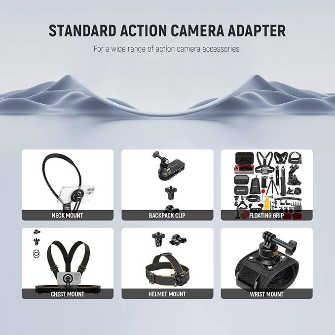 NEEWER Action Camera Mount Adapter with 1/4" Screw Aluminum Alloy Compatible with GoPro Hero 13 12 Insta360 X4 X3 DJI Osmo Pocket 3 Creator Combo Phone Cage, GP-7