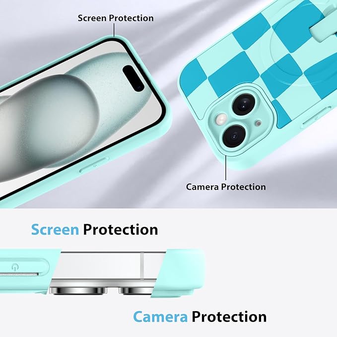 KANGHAR Compatible with iPhone 15 Case, Support for MagSafe, Silicone Checkered Cute Pattern, Wristband Kickstand Camera Protection Soft Slim Cover for Girls Women -Blue