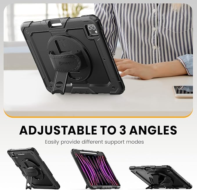 Timecity Protective Case for iPad Pro 12.9 inch 6th/ 5th/ 4th/ 3rd Generation, with Strong Protection, Screen Protector, Hand/Shoulder Strap, Rotating Stand, Pencil Holder - Black