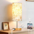 CINSARY Bedside Touch Lamp with Flower Fabric Shade, 3 Way Dimmable Wood Bedroom Lamp for Nightstand with 2 USB Charging Ports, Small Table Lamp for Living Room Reading Desk (LED Bulb Included)