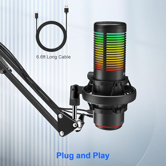 USB Gaming Microphone, 192kHz/24bit, Cardioid Condenser Microphone for Computer, Streaming Mic with RGB Light, Mute Button, Headphone Jack, Volume Control, Perfect for Xbox, Recording, Singing