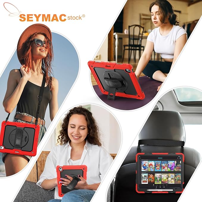 SEYMAC stock Case for iPad Air 13-inch M4-M2 2026-2024 (Gen 8-6), Shockproof Heavy Duty Case with Screen Protector, Pencil Holder, Rotating Stand, Hand Strap, Shoulder Strap, Red