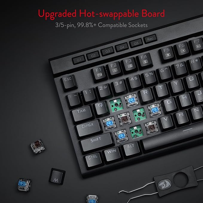 Redragon K580 VATA RGB LED Backlit Mechanical Gaming Keyboard with Macro Keys & Dedicated Media Controls, Hot-Swappable Socket, Onboard Macro Recording (Blue Switches)