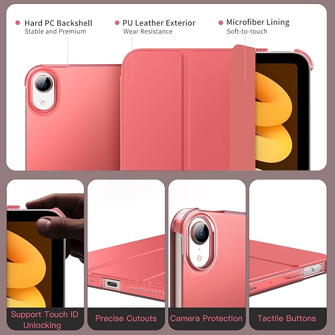 MoKo for iPad mini 7 (A17 Pro) Generation Case 2024, iPad mini 6 Case 2021, 8.3-inch Slim Lightweight Protective Hard Back PC Shell Stand Cover Support Touch ID, Auto Wake/Sleep, Guava Color