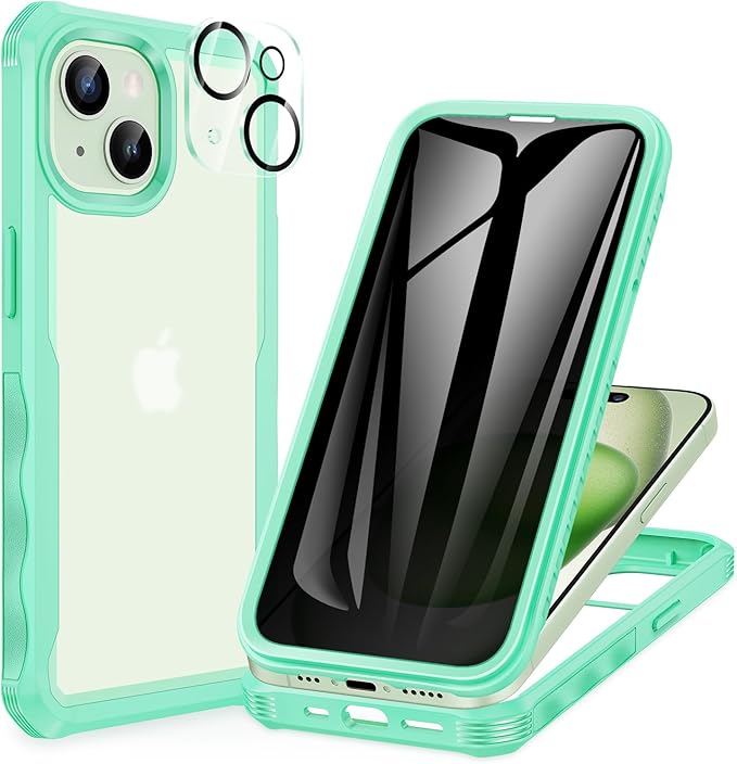 CENHUFO Privacy for iPhone 15 Plus Case, Full Body Phone Case with Built-in 9H Tempered Glass Privacy Screen Protector and Camera Lens Protector, Anti Peep Spy Shockproof Bumper Clear Cover -Green