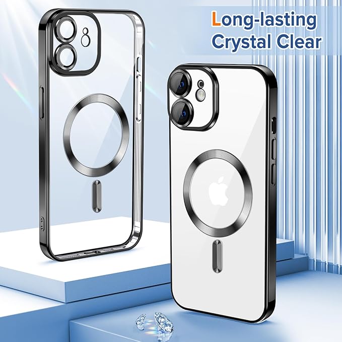 Hython Magnetic Clear for iPhone 11 Case with Camera Lens Protector [Compatible with MagSafe] Luxury Plating Edge Slim Soft TPU Cover Protective Phone Case for iPhone 11 6.1", Black