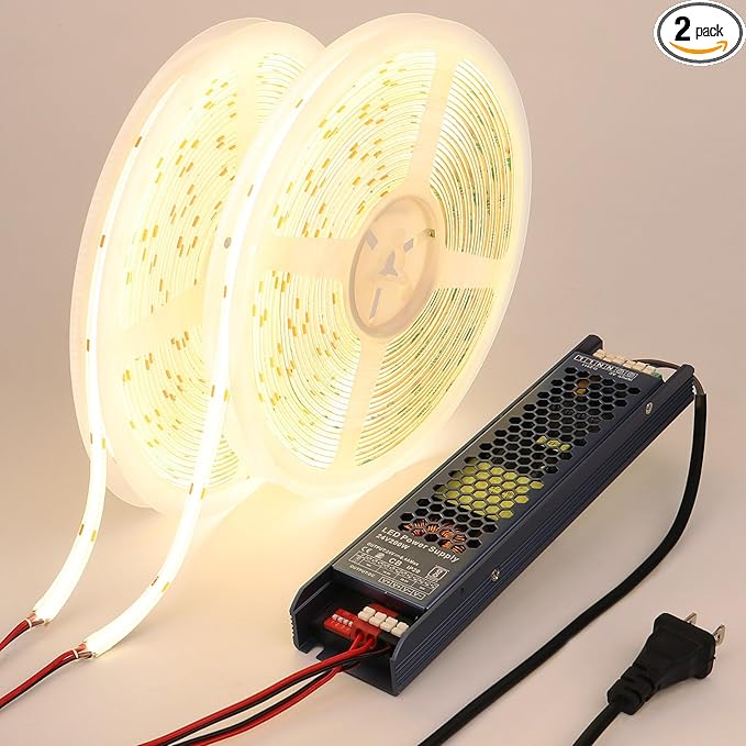 BENLUN 24V COB LED Strip Light Outdoor Waterproof 65.6ft (2 Rolls of 32.8ft), 4000K Natural White 11W/M 312LEDs/M CRI 93 LED Tape Light with Power Supply for Bedroom Courtyard Living Room Ceiling