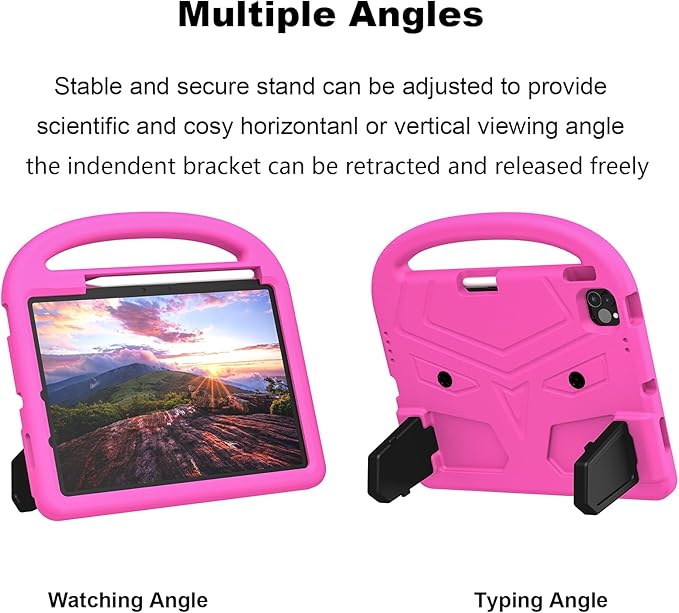 Kids Case for Apple iPad Pro 11 inch M5/M4 Tablet (2025/2024) with Pencil Holder/Handle/Kickstand Slim Lightweight Cute Soft EVA Foam Shockproof Stand Cover for Boys Girls Teens, Pink Bird