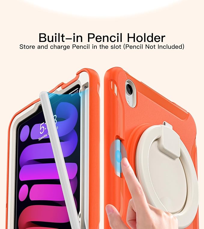 BATYUE Shockproof Case for iPad mini 7 (A17 Pro)/ Mini 6 8.3 inch (2024/2021) - 360° Multi-Angle Stand (Portrait & Landscape) & Grip, Built-in Pencil Holder, Coral Orange