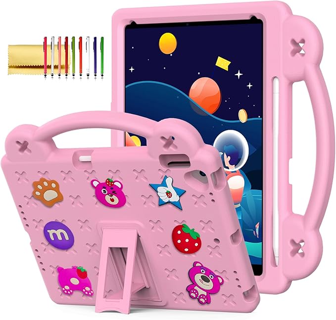 Dteck for iPad 9th/8th/7th Generation 10.2" Kids Case,Strawberry Panda Shockproof Rugged Lightweight Convertible Handles Stand Kids Friendly Case with Pencil Holder for iPad 10.2" 2021/2020/2019,Pink