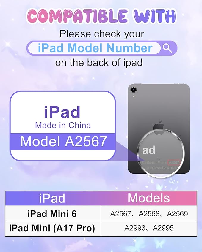Kidcube for iPad mini 7 Case A17 Pro 2024, for iPad mini 6th Generation Case 8.3 Inch - Girls Cute Kawaii Girly 3D Purple Butterfly Design Cover with Rotating Stand & Strap Unique Silicone Women Case