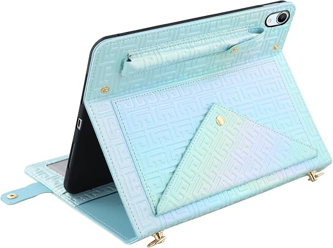 Shiny Case for iPad (A16) 2025 11"/iPad 10th Generation Handbag with Hand Strap, Techcircle Crossbody Iridescent Folio Stand Wallet Case with Pencil Holder+Card Slots+Shoulder Strap, Shiny Blue