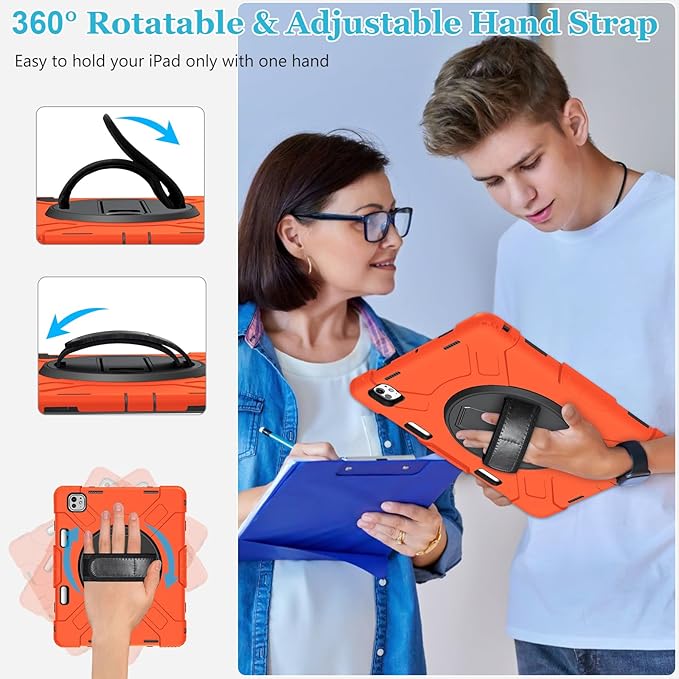 Case for iPad Pro 13 Inch M5 2025/ M4 2024: Military Grade Cover for iPad Pro 13" with Screen Protector - Stand - Handle - Shoulder Strap - Pencil Holder- Orange