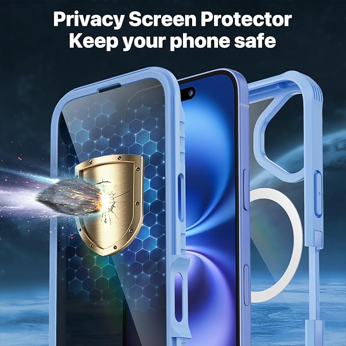 CENHUFO Magnetic Privacy for iPhone 16 Case [Compatible with Magsafe] Full Body Phone Case Built-in 9H Tempered Glass Privacy Screen Protector and Camera Lens Cover, Shockproof Bumper Clear - Blue