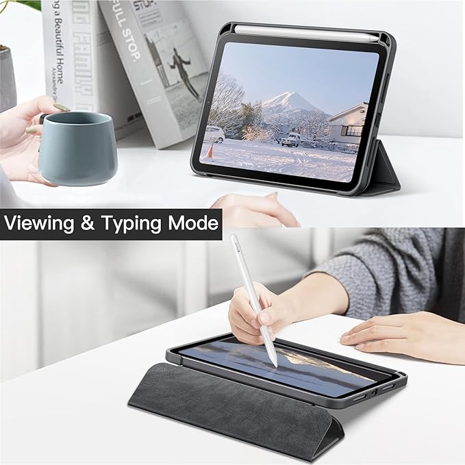 JETech Case for iPad mini (A17 Pro, 2024 Model, 7th Generation) / mini 6 (2021 Model, 6th Generation) with Pencil Holder, Clear Back Shell Slim Stand Tablet Cover, Auto Wake/Sleep (Space Gray)