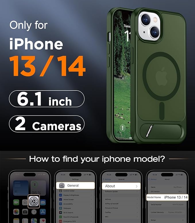 Magnetic Compatible with iPhone 14 Case/iPhone 13 Case,[Built-in Invisible Kickstand][Compatible with MagSafe][Military Grade Shockproof] Slim Translucent Matte Phone Case for iPhone 14/13 6.1"