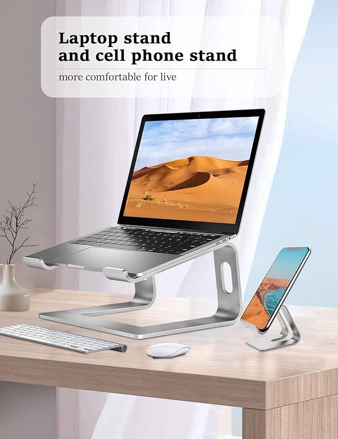Laptop Stand for Desk，Aluminum Laptop Riser for All Laptop Stands 10-17 inches,Include A Cell Phone Stand(Silver)