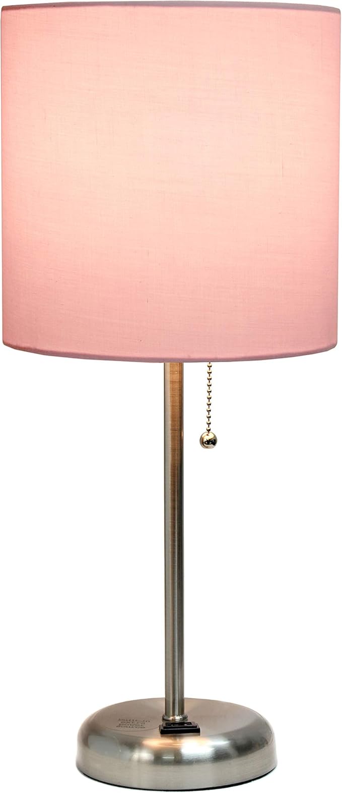 Simple Designs LT2024-LPK-2PK Two Pack Brushed Steel Stick Table Desk Lamp Set with Charging Outlet and Drum Fabric Shade for Living Room, Hallway, Nightstand, Office, Light Pink Shade