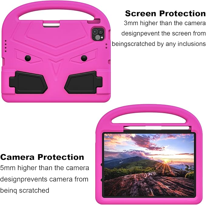 Kids Case for Apple iPad Pro 11 inch M5/M4 Tablet (2025/2024) with Pencil Holder/Handle/Kickstand Slim Lightweight Cute Soft EVA Foam Shockproof Stand Cover for Boys Girls Teens, Pink Bird