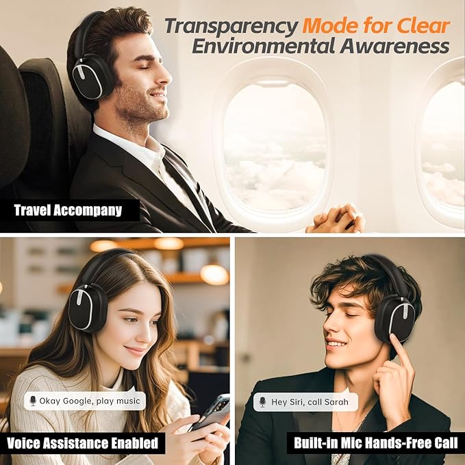 Hybrid Active Noise Cancelling Bluetooth Headphones,Bluetooth 6.0 Over Ear Wireless Headphones with 60H Playtime, Hi-Res Audio, Deep Bass, Memory Foam Ear Cups for Home Office Travel Black