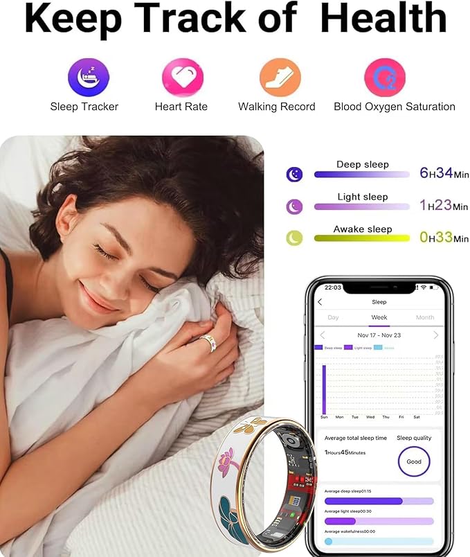 Smart Ring for Women,Fitness Tracker with Heart Rate,Blood Oxygen,Menstrual Cycle,Sleep Monitoring,Step Counting,IP68 Waterproof for iOS and Android,No Subscription Fee (9#)