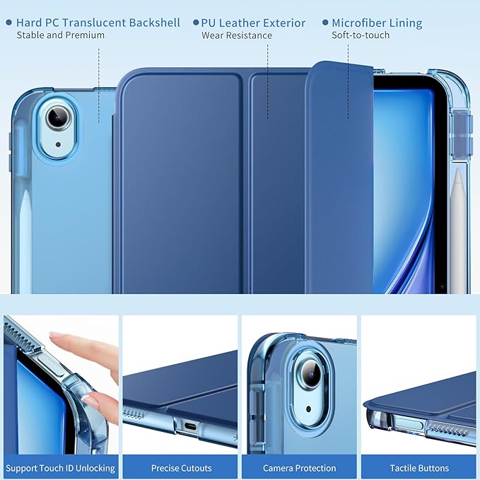 MoKo for iPad Air 11 inch Case (M4/M3/M2) 2026/2025/2024, iPad Air 5th/4th Gen 10.9 inch Case 2022/2020 with Pencil Holder, Slim Light Trifold Cover with Hard PC Translucent Back Shell, Navy Blue