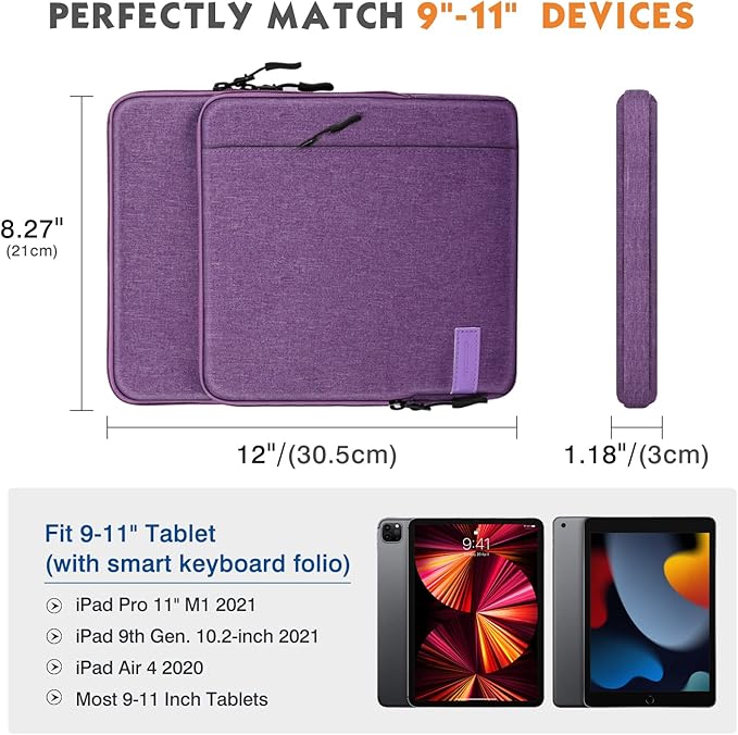MoKo 9-11 Inch Tablet Sleeve Bag Carrying Case with Storage Pockets Fits New 11-inch iPad Air M4 2026/iPad Pro M5, iPad Pro/A16 11, iPad Air 5/4th 10.9, iPad 9/8th 10.2, Tab S8/S9 11, Purple