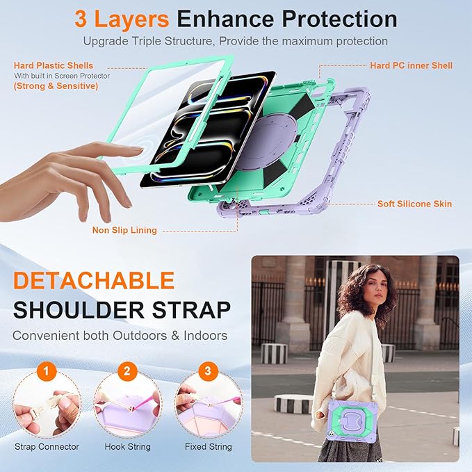 Case for iPad Pro 13 Inch M5 2025/ M4 2024, Ubearkk for iPad Pro 13 Inch case with Screen Protector, 360 Degree Rotating Stand Shoulder Strap Pencil Holder,Military Grade Shockproof, Purple Mint