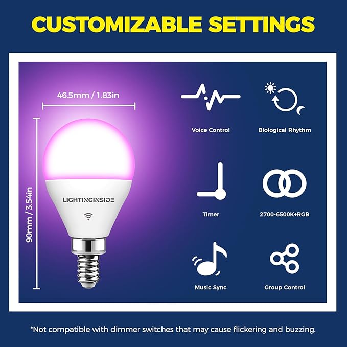 Lightinginside E12 Smart Light Bulbs 50W Equiv., G16.5 RGBCW Candelabra Chandelier Ceiling Fan Smart Bulb Works with Alexa/Google Home/SmartLife, 5W 550LM, 2.4G WiFi Bluetooth Bulb, ETL Listed, 1PC