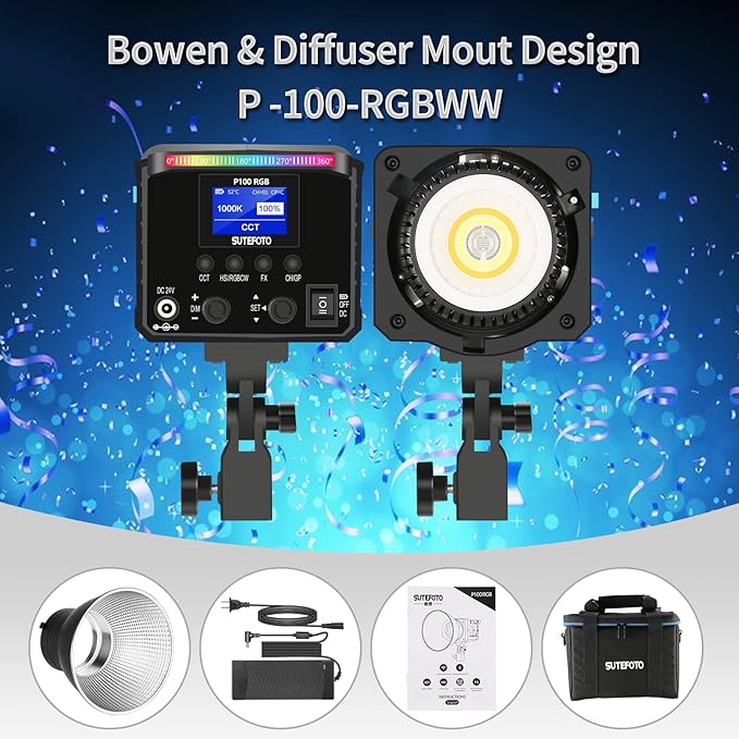 Sutefoto 100(W) RGB Video Light 2800K-10000K,P100-RGB 360° Full Color Continuous Lighting, 43700 Lux /0.5m, CRI 96+, TLCI 95+ with APP Control/Remote Control. Studio Light for Film Recording