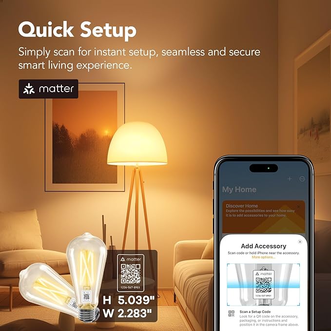 OREiN Matter Smart Light Bulb, ST19(58) Smart Edison Bulbs with Remote Control Work with Apple Home, Alexa, Google Home, SmartThings, 800lm 2700K-6500K Smart Filament Bulb E26 Base 4Pack