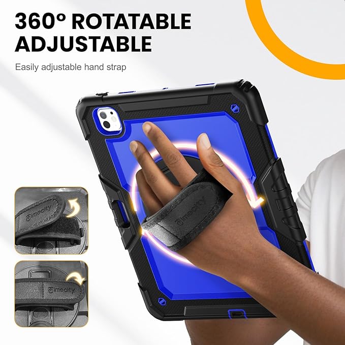 timecity Case for iPad Pro 13 Inch M5 2025/ M4 2024, 360° Rotating Stand, Pencil Holder & Wireless Charging, Shockproof with Screen Protector & Shoulder Strap - for Designers & Professionals,Dark Blue