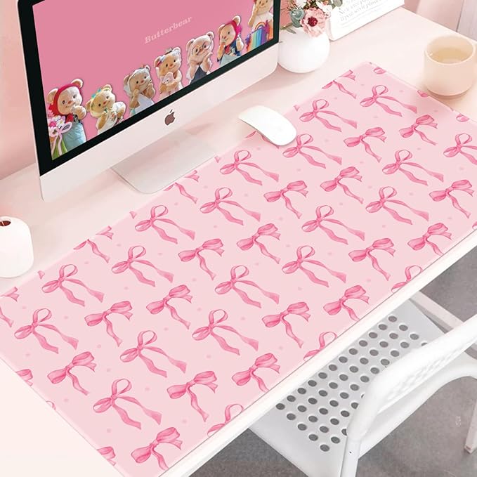 Pink Desk Mat Bows, Large Bow Mouse Pad for Computer Laptop PC Non-Slip Rubber Base Gaming Keyboard Pad, Cute Office Mat Girly Décor Office Supplies Accessories for Teen Girls Women 35.4 x 15.7in