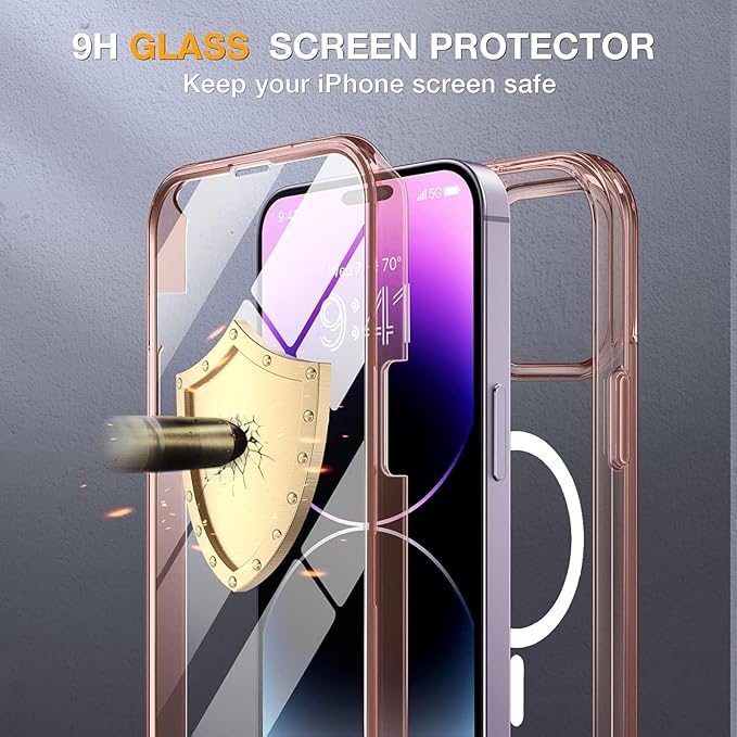 Miracase Magnetic Designed for iPhone 14 Pro Max Case 6.7 inch (Compatible with MagSafe) Upgrade Full-Body Clear Phone Bumper Case with Built-in 9H Tempered Glass Screen Protector, Magnetic Clear Pink