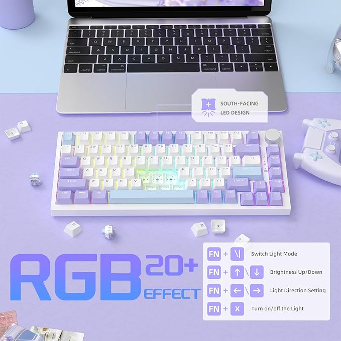 A.JAZZ Attack Shark AK820 75% Wired Mechanical Gaming Keyboard with Knob Hot Swappable Custom Gasket RGB Keyboard NKRO Linear Sea Salt Switch for PC/Win/Mac-Purple/Blue
