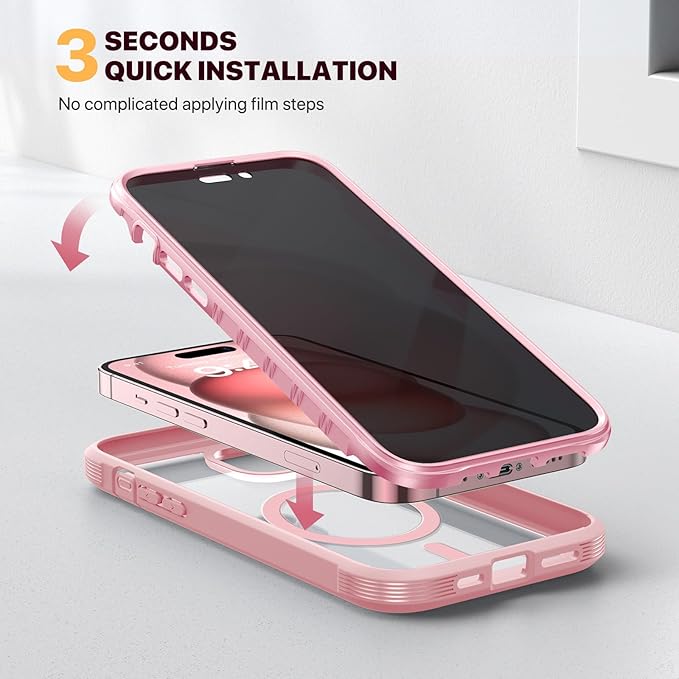 Diaclara Magnetic Designed for iPhone 15 Case, Full Body Rugged Case with Built-in Privacy Touch Sensitive Anti-Scratch Screen Protector, with Camera Lens Protector (Coral Pink)