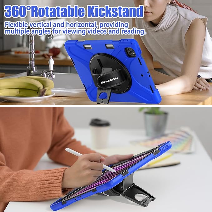 BRAECNstock Case for Apple iPad Air 13 inch (M4/M3/M2)/ iPad Pro 12.9 inch 6th/5th/4th/3rd Gen, Shockproof Protective Kids Case with Pencil Holder, 360° Rotating Stand&Hand Strap, Shoulder Strap, Blue