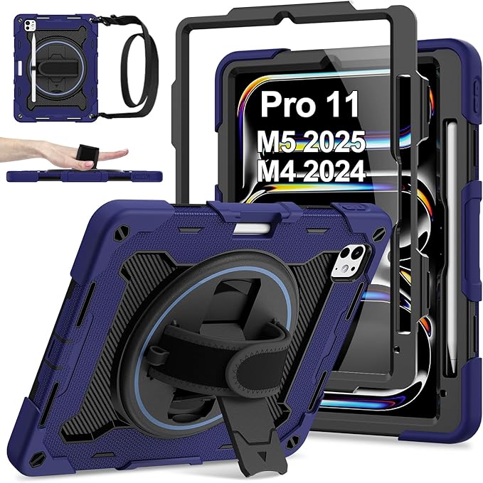iPad Pro 11 Inch Case M5 2025/M4 2024, Heavy Duty Shockproof Protective Case with Screen Protector, 360° Rotating Stand Hand Strap Shoulder Strap Kids Cover Apple Pencil Holder