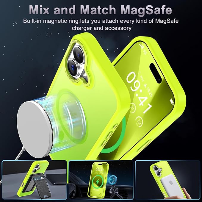 Newfuture Magnetic for iPhone 17 Case [Compatible with Magsafe] [Military Grade Drop Protection] Translucent Matte Anti-Scratch Shockproof Protective Phone Cover 6.3 Inch, Fluorescent Green