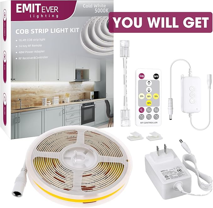 EMITEVER LED Strip Light, Cool White 5000K 16.4ft,24V DC COB Dimmable Tape Lights with RF Controller,Premium High Density Power Adapter,1600LEDs Suitable for Bedroom,Kitchen Cabinets,Indoor Use