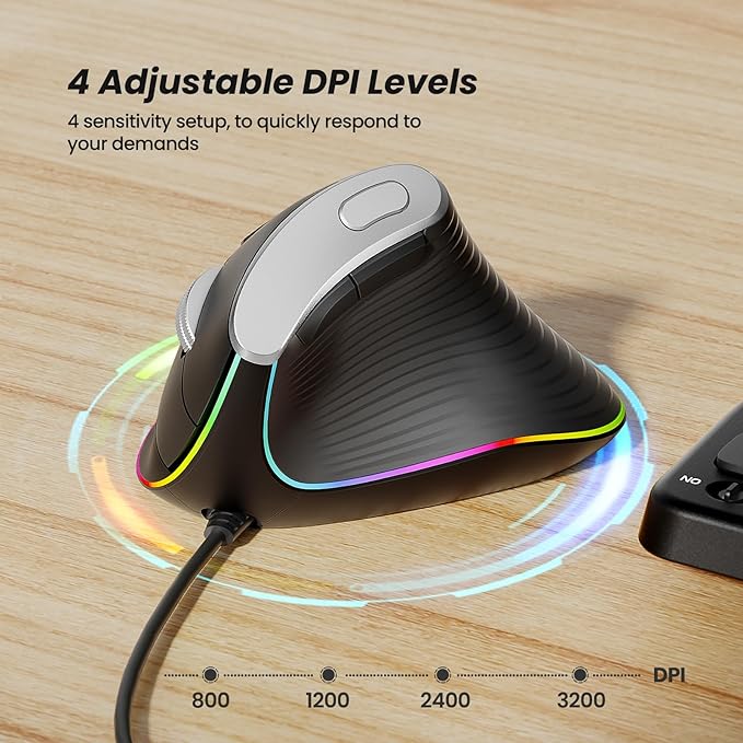 Nulea M504 Wired Vertical Mouse, USB Optical Ergonomic Mouse Wired with 4 Adjustable DPI, 11 RGB Backlight Modes, Compatible for Laptop, PC, Desktop, Mac, Black