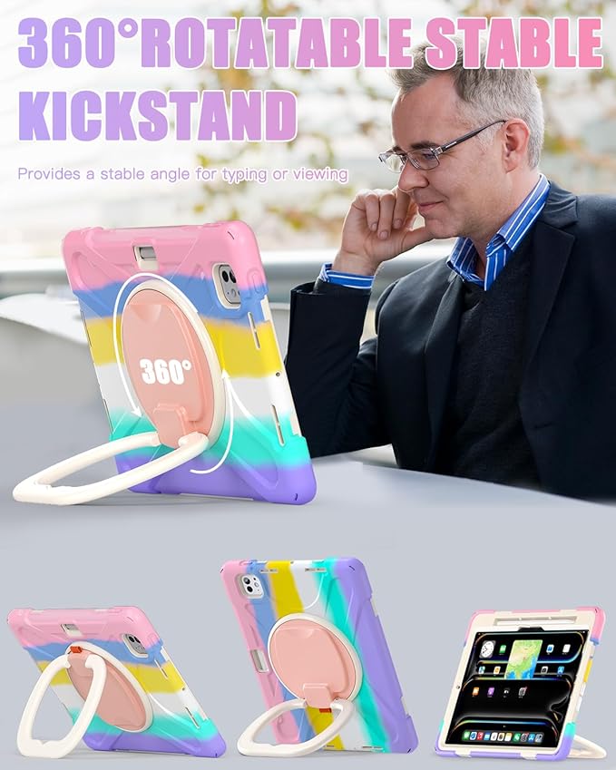 BRAECN for for iPad Pro 11 Inch Case M5 2025 & 2024 M4, Protective Rugged Silicone Cover with Built-in Pencil Holder, Carrying Shoulder Strap, Screen Protector, Ultra Stable Stand, Colorful Pink