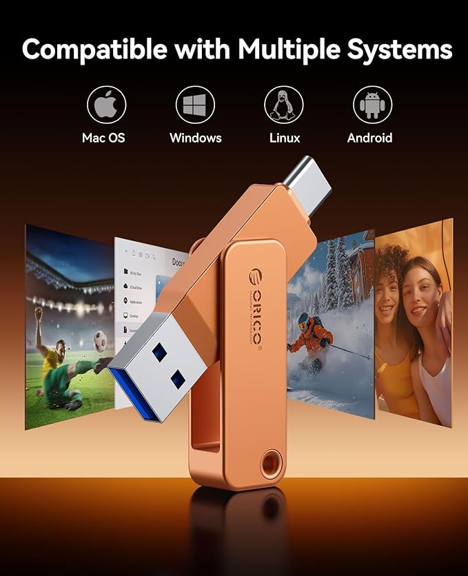 ORICO USB 3.0 Flash Drive 150MB/S Metal Housing Swivel Design Support OTG Function 2 in 1 PenDrive 64GB for USB C and USB A Devices -EB05 OR