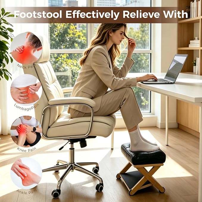 Foot Rest Under Desk, Under Desk Leg Rest with Non-Slip Rubber Stepping Surface - Ergonomic Wooden Footrest Stool for Home & Office Desk - Relieves Fatigue, Improves Posture for Gaming and Work